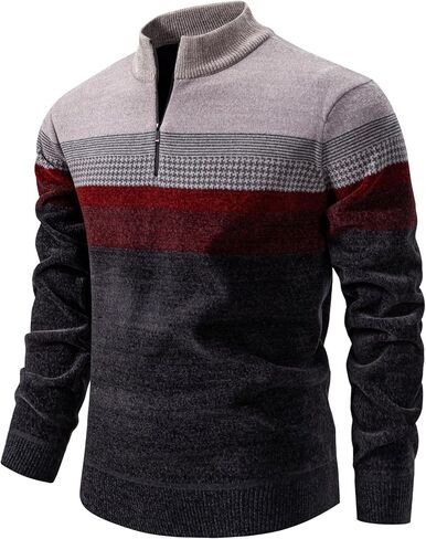 Mens Quarter Zip Pullover Mock Neck Slim Fit Striped Knit Sweaters Casual Fall Winter Lightweight Polo Sweater in Saudi Arabia