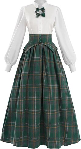 LTAKK Victorian Dress for Women Plaid Edwardian Renaissance Dresses Vintage Tartan Skirt, Green Plaid, Medium in Saudi Arabia