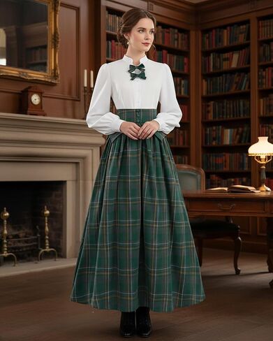 LTAKK Victorian Dress for Women Plaid Edwardian Renaissance Dresses Vintage Tartan Skirt, Green Plaid, Medium in Saudi Arabia