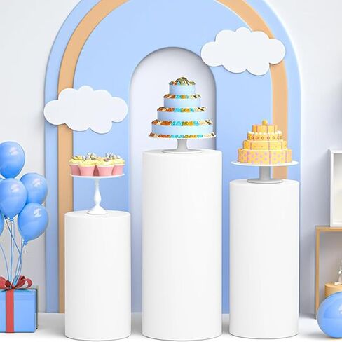 أغطية حامل بقاعدة أسطوانية بيضاء 3 قطع - غطاء أسطواني من الألياف اللدنة لحوامل الأسطوانات لأغطية الحفلات، حامل بقاعدة أسطوانة مناسبة وحامل أسطواني أبيض للحفلات (الحوامل غير متضمنة) in Kuwait