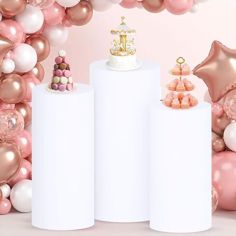 أغطية حامل بقاعدة أسطوانية بيضاء 3 قطع - غطاء أسطواني من الألياف اللدنة لحوامل الأسطوانات لأغطية الحفلات، حامل بقاعدة أسطوانة مناسبة وحامل أسطواني أبيض للحفلات (الحوامل غير متضمنة) in Kuwait