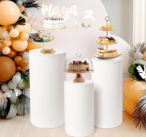 أغطية حامل بقاعدة أسطوانية بيضاء 3 قطع - غطاء أسطواني من الألياف اللدنة لحوامل الأسطوانات لأغطية الحفلات، حامل بقاعدة أسطوانة مناسبة وحامل أسطواني أبيض للحفلات (الحوامل غير متضمنة) in Kuwait