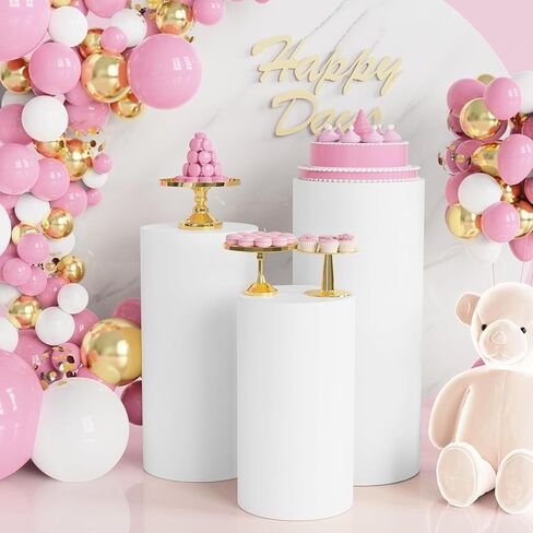 أغطية حامل بقاعدة أسطوانية بيضاء 3 قطع - غطاء أسطواني من الألياف اللدنة لحوامل الأسطوانات لأغطية الحفلات، حامل بقاعدة أسطوانة مناسبة وحامل أسطواني أبيض للحفلات (الحوامل غير متضمنة) in Kuwait