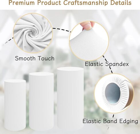 أغطية حامل بقاعدة أسطوانية بيضاء 3 قطع - غطاء أسطواني من الألياف اللدنة لحوامل الأسطوانات لأغطية الحفلات، حامل بقاعدة أسطوانة مناسبة وحامل أسطواني أبيض للحفلات (الحوامل غير متضمنة) in Kuwait