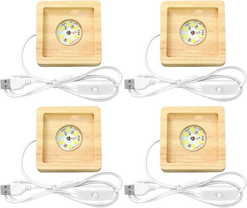 4 قطع قواعد إضاءة LED مربعة مع حوامل خشبية، تعمل بمنفذ USB، 6 مصابيح LED، ضوء عرض كريستال ثلاثي الأبعاد، توهج دافئ، مجموعة للأكريليك والزجاج وفن الراتنج، مع مفتاح in Kuwait