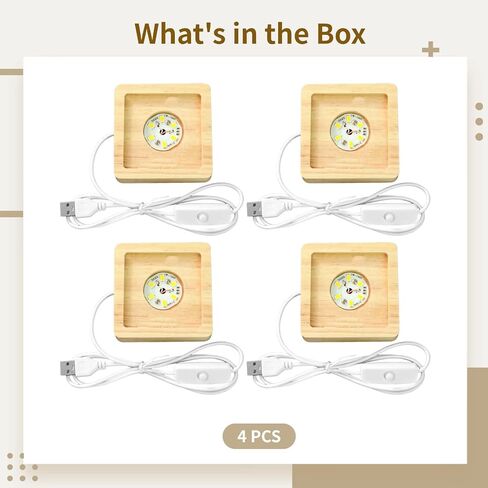 4 قطع قواعد إضاءة LED مربعة مع حوامل خشبية، تعمل بمنفذ USB، 6 مصابيح LED، ضوء عرض كريستال ثلاثي الأبعاد، توهج دافئ، مجموعة للأكريليك والزجاج وفن الراتنج، مع مفتاح in Kuwait