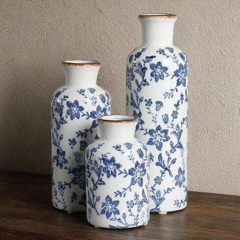 White Ceramic Vase Set of 3 - Crackle Glaze Bottle Vases for Rustic Farmhouse Table Centerpiece, Shelf & Mantel Decor in Saudi Arabia