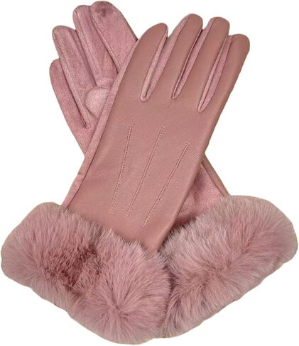 Womens Winter Leather Gloves Pu Suede Double-Layer Fleece Lined Women'S Touchscreen Windproof Fur Opening in Saudi Arabia