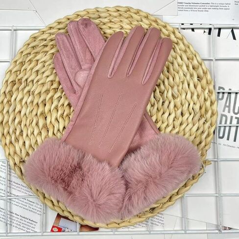 Womens Winter Leather Gloves Pu Suede Double-Layer Fleece Lined Women'S Touchscreen Windproof Fur Opening in Saudi Arabia