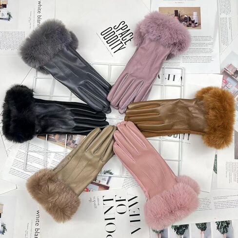 Womens Winter Leather Gloves Pu Suede Double-Layer Fleece Lined Women'S Touchscreen Windproof Fur Opening in Saudi Arabia