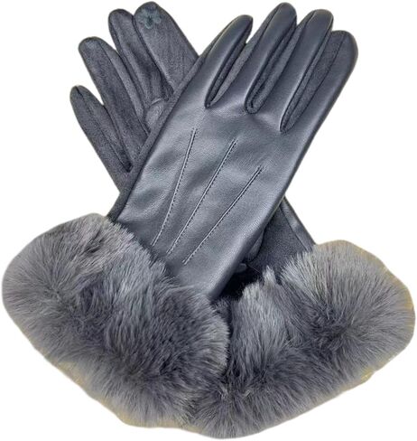 Womens Winter Leather Gloves Pu Suede Double-Layer Fleece Lined Women'S Touchscreen Windproof Fur Opening in Saudi Arabia