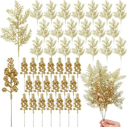 Cindeer 80 Pcs Gold Christmas Glitter Berries Stems Pine Needles Christmas Artificial Picks Fake Floral Twig Spray for Xmas Tree Ornaments DIY Wreath Garland Decorations in Saudi Arabia