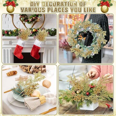 Cindeer 80 Pcs Gold Christmas Glitter Berries Stems Pine Needles Christmas Artificial Picks Fake Floral Twig Spray for Xmas Tree Ornaments DIY Wreath Garland Decorations in Saudi Arabia