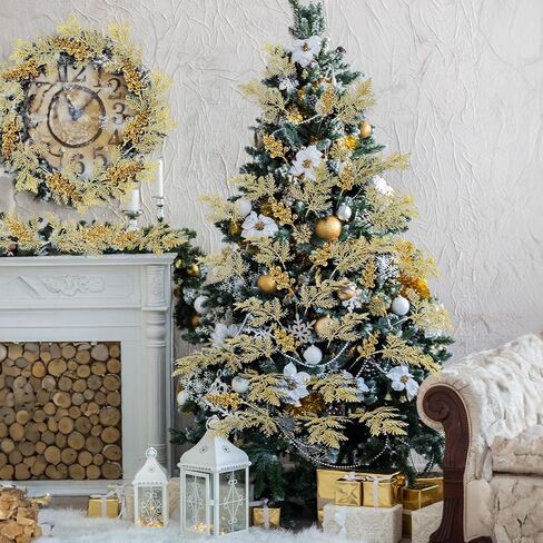 Cindeer 80 Pcs Gold Christmas Glitter Berries Stems Pine Needles Christmas Artificial Picks Fake Floral Twig Spray for Xmas Tree Ornaments DIY Wreath Garland Decorations in Saudi Arabia