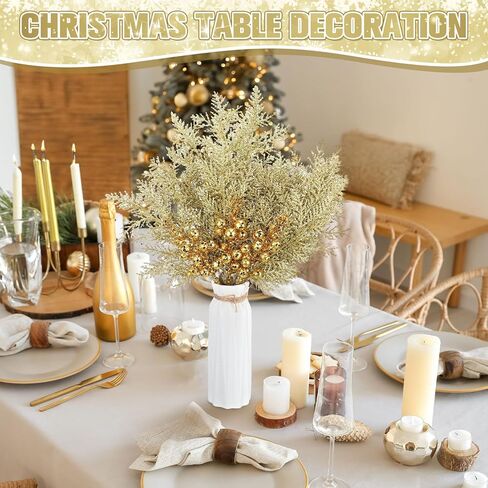 Cindeer 80 Pcs Gold Christmas Glitter Berries Stems Pine Needles Christmas Artificial Picks Fake Floral Twig Spray for Xmas Tree Ornaments DIY Wreath Garland Decorations in Saudi Arabia