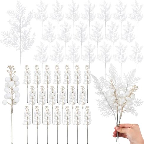 Cindeer 80 Pcs Gold Christmas Glitter Berries Stems Pine Needles Christmas Artificial Picks Fake Floral Twig Spray for Xmas Tree Ornaments DIY Wreath Garland Decorations in Saudi Arabia
