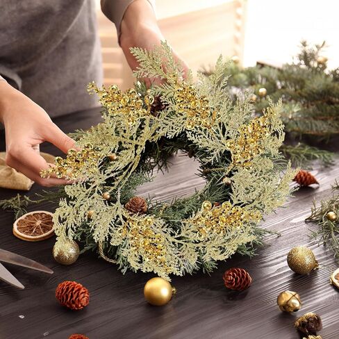 Cindeer 80 Pcs Gold Christmas Glitter Berries Stems Pine Needles Christmas Artificial Picks Fake Floral Twig Spray for Xmas Tree Ornaments DIY Wreath Garland Decorations in Saudi Arabia