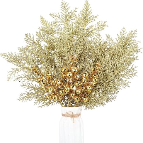 Cindeer 80 Pcs Gold Christmas Glitter Berries Stems Pine Needles Christmas Artificial Picks Fake Floral Twig Spray for Xmas Tree Ornaments DIY Wreath Garland Decorations in Saudi Arabia