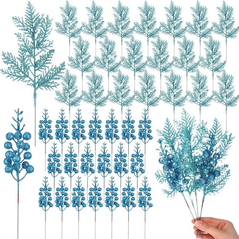Cindeer 80 Pcs Gold Christmas Glitter Berries Stems Pine Needles Christmas Artificial Picks Fake Floral Twig Spray for Xmas Tree Ornaments DIY Wreath Garland Decorations in Saudi Arabia