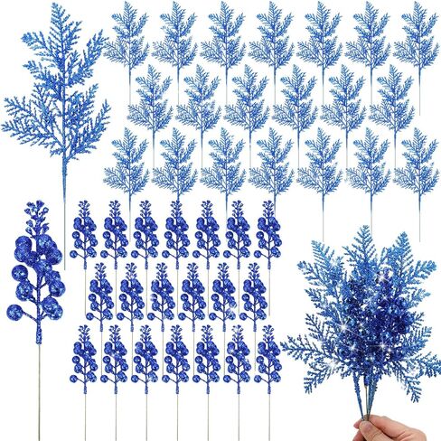 Cindeer 80 Pcs Gold Christmas Glitter Berries Stems Pine Needles Christmas Artificial Picks Fake Floral Twig Spray for Xmas Tree Ornaments DIY Wreath Garland Decorations in Saudi Arabia