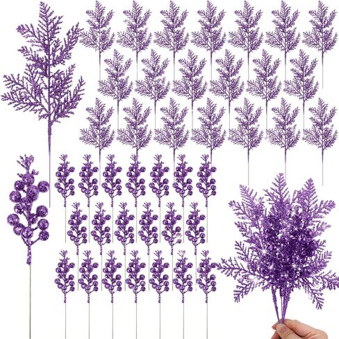 Cindeer 80 Pcs Gold Christmas Glitter Berries Stems Pine Needles Christmas Artificial Picks Fake Floral Twig Spray for Xmas Tree Ornaments DIY Wreath Garland Decorations in Saudi Arabia