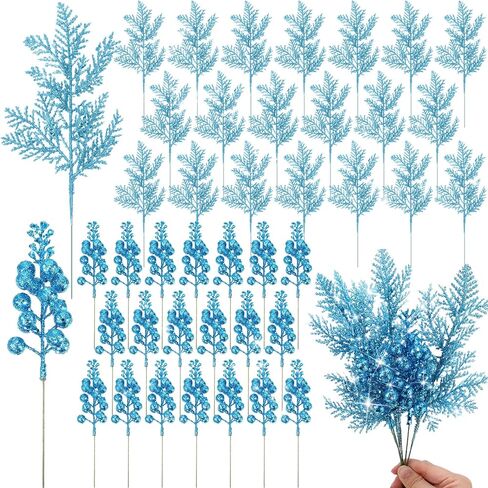 Cindeer 80 Pcs Gold Christmas Glitter Berries Stems Pine Needles Christmas Artificial Picks Fake Floral Twig Spray for Xmas Tree Ornaments DIY Wreath Garland Decorations in Saudi Arabia