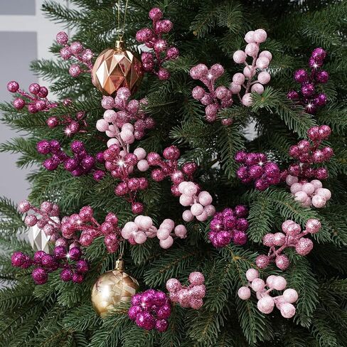 24 Pcs Christmas Berry Stems 8.6 Inch Artificial Christmas Glitter Picks Branches for Xmas Tree Decorations DIY Crafts Vase Wreath Holiday Ornaments(Gradient Pink) in Kuwait
