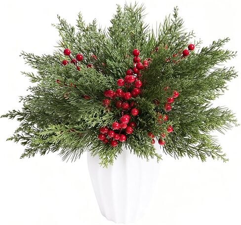 baotongle 50pcs Christmas Artificial Pine Branches with Red Berry Stems Include 40 Realistic Christmas Pine Branches and 10 Red Berry Picks for DIY Craft Garland Home Decor in Saudi Arabia