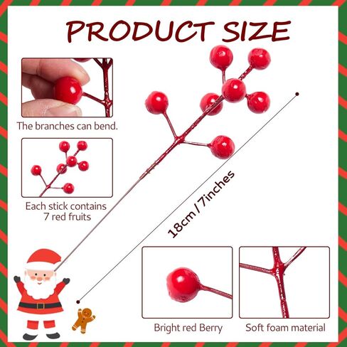 baotongle 50pcs Christmas Artificial Pine Branches with Red Berry Stems Include 40 Realistic Christmas Pine Branches and 10 Red Berry Picks for DIY Craft Garland Home Decor in Saudi Arabia