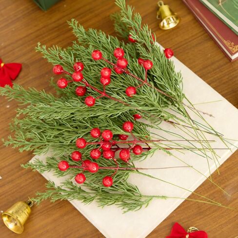 baotongle 50pcs Christmas Artificial Pine Branches with Red Berry Stems Include 40 Realistic Christmas Pine Branches and 10 Red Berry Picks for DIY Craft Garland Home Decor in Saudi Arabia