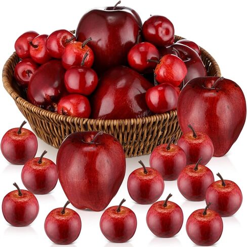 30 Pcs Artificial Red Apples with 1 Pcs Round Woven Basket Fake Apples for Fall Harvest Decor Faux Fruit Realistic Foam Dark Red Apple for Kitchen Table Home Decoration Photography, 2 Sizes in Saudi Arabia