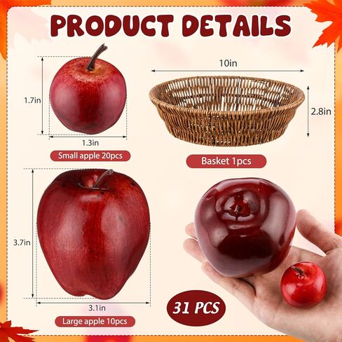 30 Pcs Artificial Red Apples with 1 Pcs Round Woven Basket Fake Apples for Fall Harvest Decor Faux Fruit Realistic Foam Dark Red Apple for Kitchen Table Home Decoration Photography, 2 Sizes in Saudi Arabia