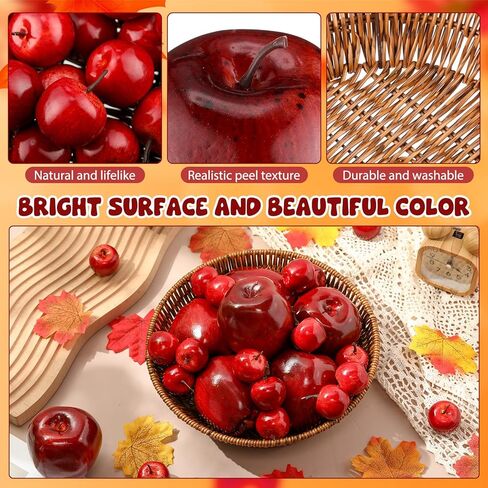 30 Pcs Artificial Red Apples with 1 Pcs Round Woven Basket Fake Apples for Fall Harvest Decor Faux Fruit Realistic Foam Dark Red Apple for Kitchen Table Home Decoration Photography, 2 Sizes in Saudi Arabia