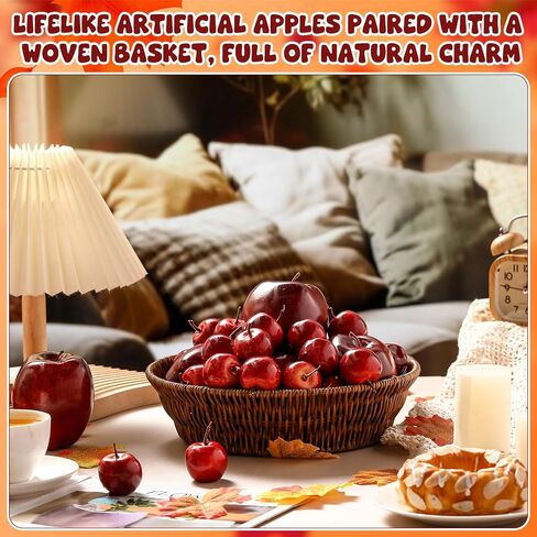 30 Pcs Artificial Red Apples with 1 Pcs Round Woven Basket Fake Apples for Fall Harvest Decor Faux Fruit Realistic Foam Dark Red Apple for Kitchen Table Home Decoration Photography, 2 Sizes in Saudi Arabia