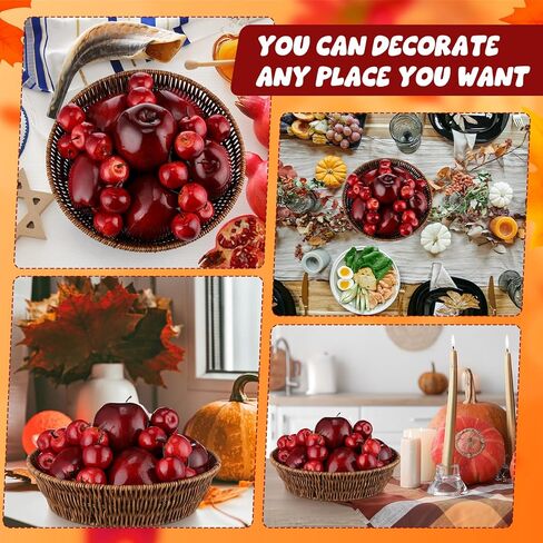 30 Pcs Artificial Red Apples with 1 Pcs Round Woven Basket Fake Apples for Fall Harvest Decor Faux Fruit Realistic Foam Dark Red Apple for Kitchen Table Home Decoration Photography, 2 Sizes in Saudi Arabia
