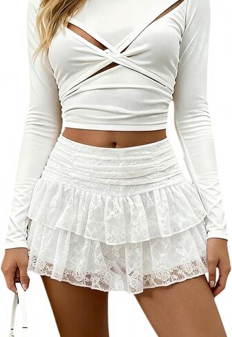 Mini Skirt Lace Skirt with Shorts Ruched Tiered Design Sexy Y2K Skirts Built-in Waistband Womens Skort A Line in Saudi Arabia