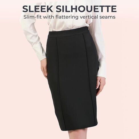 Women's Pencil Skirt Knee Length Black High Waist Slim Fit Back Slit Invisible Zipper Business Work Office Outfit in Saudi Arabia