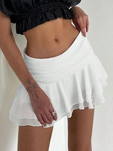 Women's Flowy Ruffle Tiered Layered Skirt Ruched Mesh Sheer Flared Y2K Mini Skirts with Shorts Underneath in Saudi Arabia