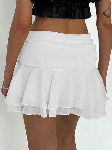 Women's Flowy Ruffle Tiered Layered Skirt Ruched Mesh Sheer Flared Y2K Mini Skirts with Shorts Underneath in Saudi Arabia