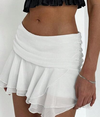 Women's Flowy Ruffle Tiered Layered Skirt Ruched Mesh Sheer Flared Y2K Mini Skirts with Shorts Underneath in Saudi Arabia