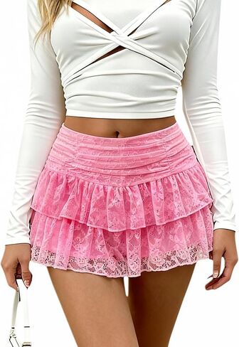 Mini Skirt Lace Skirt with Shorts Ruched Tiered Design Sexy Y2K Skirts Built-in Waistband Womens Skort A Line in Saudi Arabia