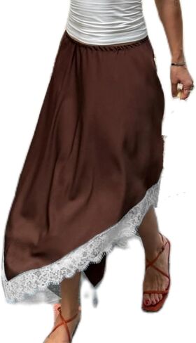 Women Satin Lace Trim Long Skirts Elastic Waist Asymmetric Hem Midi Skirts Lace Half Slip Maxi Skirts Streetwear in Saudi Arabia