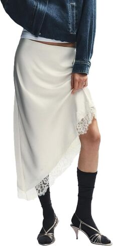 Women Satin Lace Trim Long Skirts Elastic Waist Asymmetric Hem Midi Skirts Lace Half Slip Maxi Skirts Streetwear in Saudi Arabia