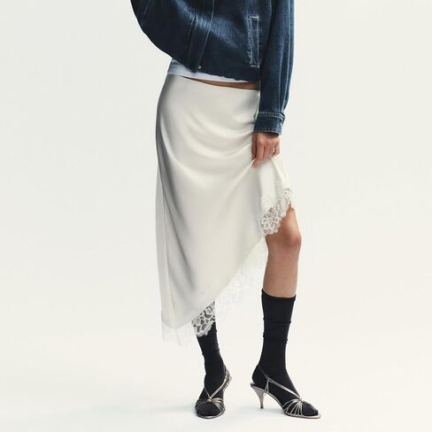 Women Satin Lace Trim Long Skirts Elastic Waist Asymmetric Hem Midi Skirts Lace Half Slip Maxi Skirts Streetwear in Saudi Arabia