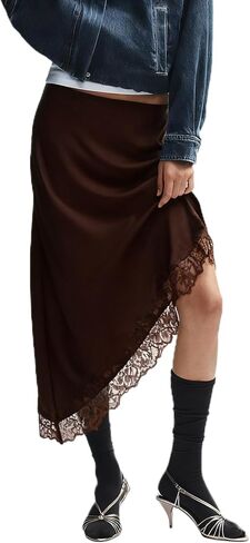Women Satin Lace Trim Long Skirts Elastic Waist Asymmetric Hem Midi Skirts Lace Half Slip Maxi Skirts Streetwear in Saudi Arabia