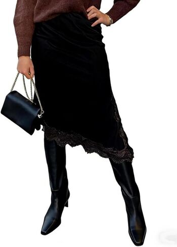 Women Satin Lace Trim Long Skirts Elastic Waist Asymmetric Hem Midi Skirts Lace Half Slip Maxi Skirts Streetwear in Saudi Arabia