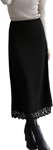 Women Satin Lace Trim Long Skirts Elastic Waist Asymmetric Hem Midi Skirts Lace Half Slip Maxi Skirts Streetwear in Saudi Arabia