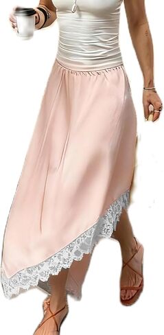 Women Satin Lace Trim Long Skirts Elastic Waist Asymmetric Hem Midi Skirts Lace Half Slip Maxi Skirts Streetwear in Saudi Arabia
