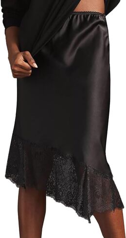 Women Satin Lace Trim Long Skirts Elastic Waist Asymmetric Hem Midi Skirts Lace Half Slip Maxi Skirts Streetwear in Saudi Arabia