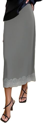 Women Satin Lace Trim Long Skirts Elastic Waist Asymmetric Hem Midi Skirts Lace Half Slip Maxi Skirts Streetwear in Saudi Arabia